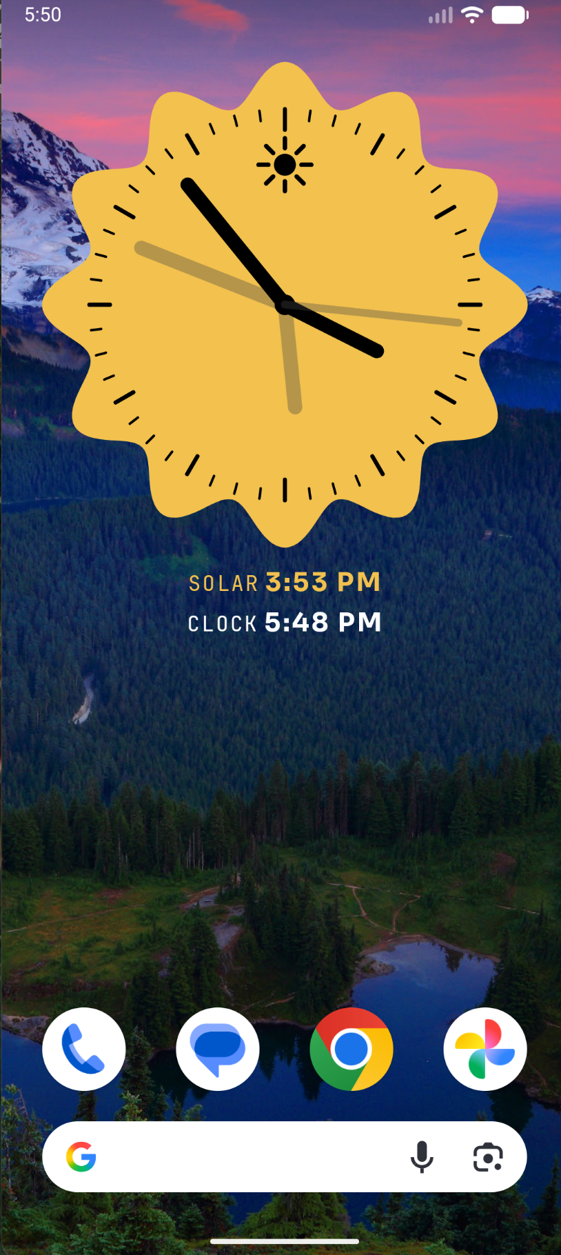 Solar Time displaying solar time alongside local clock time on an Android home screen